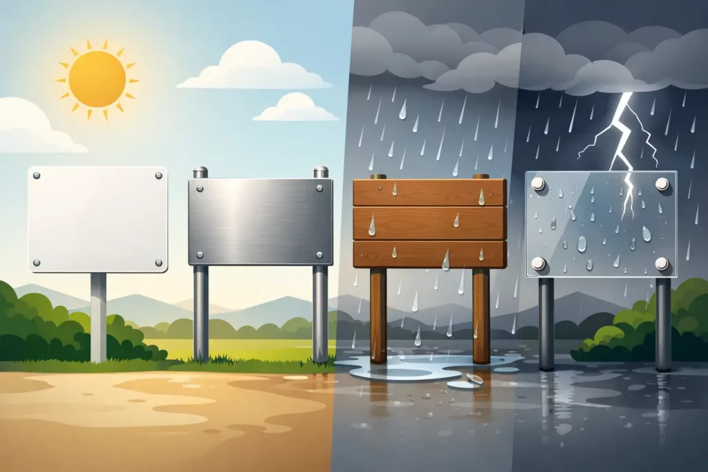 Welches Schildmaterial ist wetterfest im Außenbereich?